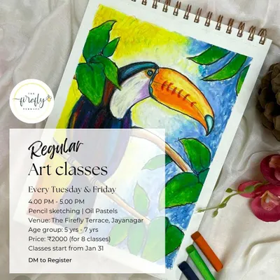 We offer regular art classes for young children to explore the world of color and drawing. These sessions focus on fundamentals like sketching, color theory, and blending with oil pastels.