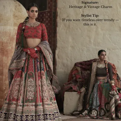 My stylist tip for Sabyasachi: If you want timeless over trendy, this is it. His signature is all about heritage and vintage charm, creating heirloom pieces that you'll cherish forever.