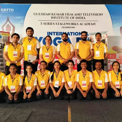 Our full team of trainers posing at the Gulshan Kumar Film and Television Institute of India for an International Yoga Day celebration. It was an honor to be part of such a great event.