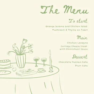Planning a holiday feast? This illustrated menu gives you a taste of what I can offer, from delightful starters like Mushroom & Thyme on Toast to comforting mains and decadent desserts like my Chocolate Heaven Cake.
