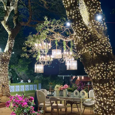 An evening in an enchanted garden in Mahabaleshwar. Here, I wrapped ancient trees in thousands of fairy lights and hung chandeliers from their branches, creating a magical dining experience where nature and glamour meet.