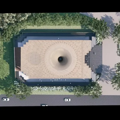 An alternative design approach for the Nagpur Museum, seen from above. The building is conceived as a spatial journey, with a stepped bamboo skin creating a public court that culminates in a central void.