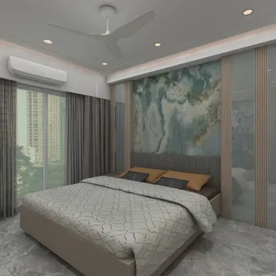 An abstract blue and white marble-effect wallpaper creates a serene and artistic feature wall behind the headboard, adding a touch of modern luxury to this bedroom.