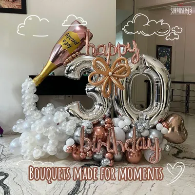 Bouquets made for moments. This extravagant 30th birthday balloon arrangement features a popping champagne bottle, large silver number balloons, and a chic color scheme of silver, white, and rose gold.