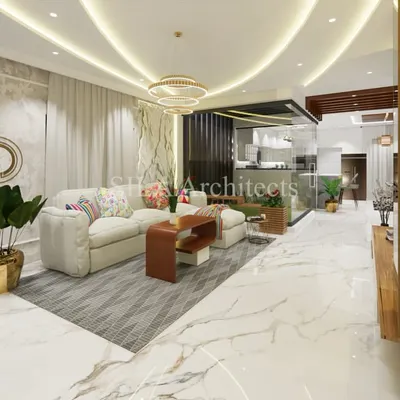 This living room concept balances open space with sophisticated details. The design features a modern sofa, ambient cove lighting, and a seamless flow into the kitchen area, creating an environment of relaxed luxury.