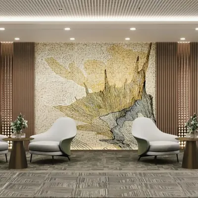 This corporate lobby is designed to be an artful and impressive entryway. The large-scale abstract mosaic serves as a powerful focal point, complemented by vertically slatted wood walls and sculptural armchairs that provide a luxurious waiting experience.