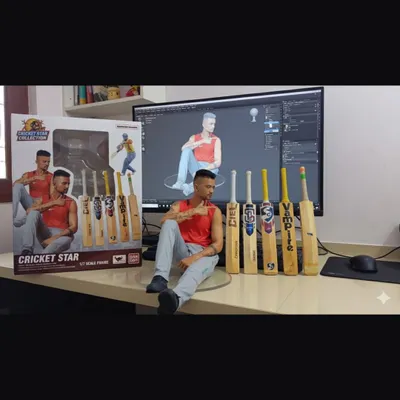 This is a part of my collection. I am sitting with my custom 3D model, my action figure, and a lineup of my favorite cricket bats from brands like SG, SS, and Vampire.