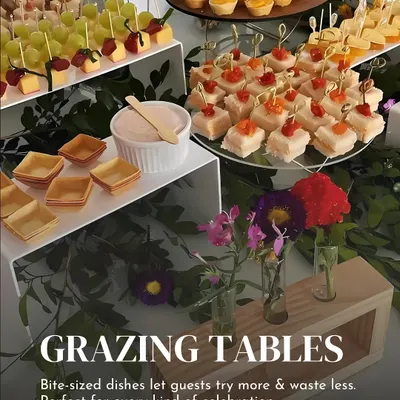 My grazing tables are designed for guests to mingle and enjoy a wide variety of flavours. This setup features an assortment of bite sized vegetarian appetizers, canapés, and dips.
