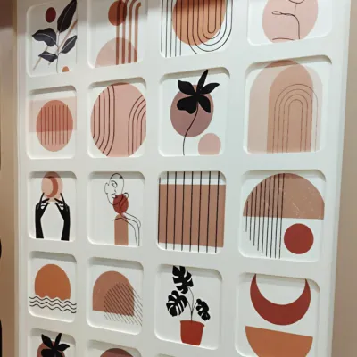 This modern abstract wallpaper features a curated grid of minimalist designs, including line art, geometric shapes, and earthy tones. It's an elegant way to add artistic flair to a space without overwhelming it, perfect for a sophisticated home or office.