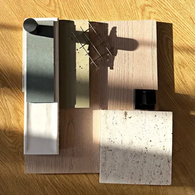 A mood board is a conversation between materials. This flat lay, created for the Baia Villas, shows the dialogue between wood, stone, and metal, with natural light revealing their inherent textures. This process was defining in shaping the project's vibrant, culturally immersive design.