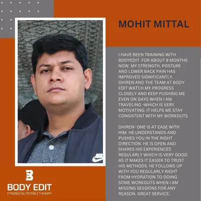 Mohit shares how 8 months of training with us significantly improved his strength, posture, and lower back pain. He highlights our team's close attention to progress and consistent motivation.