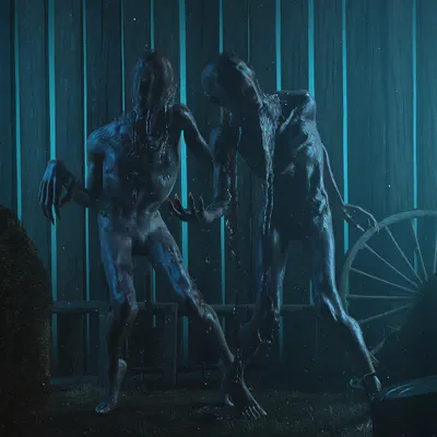 A scene from a short horror story about multiplying skinwalkers. I designed these creatures to be slimy and gaunt, with contorted bodies that suggest unnatural movement. The barn setting and stark blue lighting enhance the feeling of a rural nightmare.