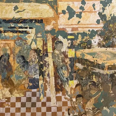 The full 8x4 feet mixed media on canvas painting titled "Ajanta." This work is my experimental interpretation of the famous cave murals, focusing on the feeling of history, culture, and fragmented stories.