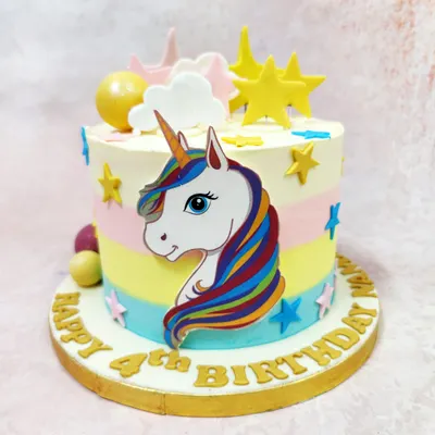 This Celestial Unicorn Cake is pure magic, featuring a beautiful unicorn against a pastel rainbow ombre, surrounded by stars and clouds.