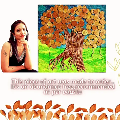 This is one of my signature Abundance Tree paintings, created as a specific Vaastu remedy for a client. The golden coins and deep roots are symbolic, designed to attract financial stability and growth.