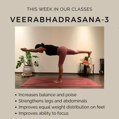This week, we focus on Veerabhadrasana 3 (Warrior 3). This challenging balancing posture tones the legs and abdominals, improves focus, and teaches you how to distribute your weight evenly on your feet.