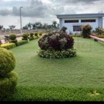 Landscaping for an industrial facility, featuring a large, well-maintained lawn with sculpted topiary bushes and formal garden beds. This demonstrates my ability to create green environments in commercial zones.