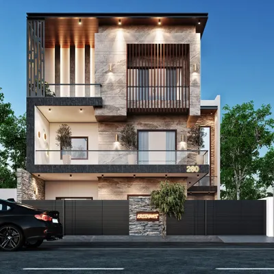 A daytime 3D visualization of a modern villa's facade. This render is crucial for finalizing material choices, color palettes, and understanding the building's presence in natural light.