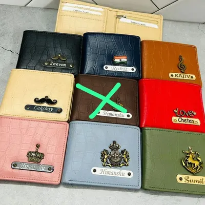 Here is a sample of the variety I offer for personalized faux-leather wallets. You can choose from different colors, textures, nameplate styles, and a wide selection of charms to create the perfect custom wallet.