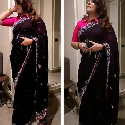 Makeup is my magic wand that turns every day into a red carpet moment. Here I am, ready for an evening out in a beautiful black saree.