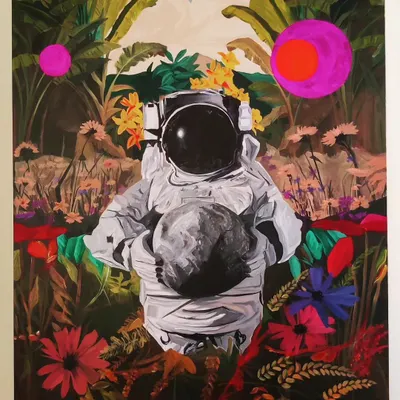 My original painting 'Recuperation', a 3ft by 4ft acrylic on canvas. This piece, which sold in just five minutes at a flea market, uses the metaphor of an astronaut in a tropical landscape to explore themes of renewal and moving forward.