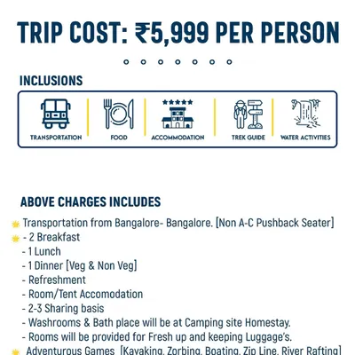 Here’s a breakdown of what our ₹5,999 package typically includes. We cover transportation, food, accommodation, a guide, and all major activities like boating and adventure games. No hidden costs.