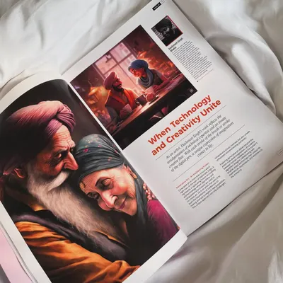 An overhead shot of my feature in Creative Gaga magazine, laid open on a white sheet. The article, titled 'When Technology and Creativity Unite', discusses how I blend digital tools with my artistic vision to create meaningful illustrations.