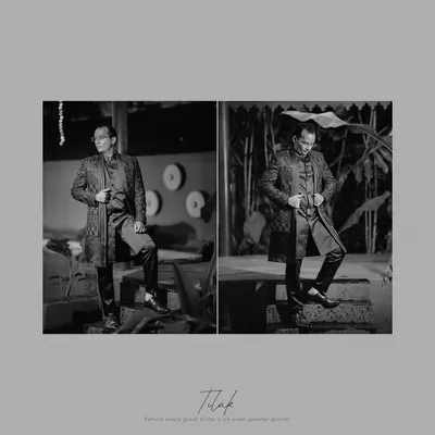 A stylish black and white diptych of the groom looking sharp in his Sangeet outfit.