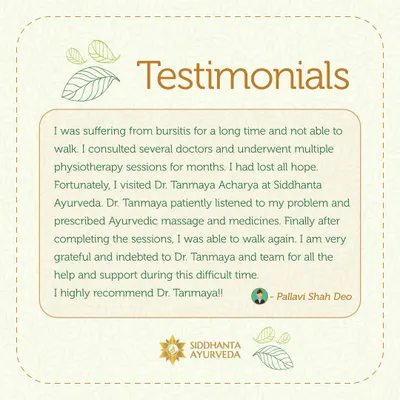 A patient who had lost hope after suffering from bursitis for a long time shares her journey of being able to walk again after completing her sessions with me. Her story highlights the effectiveness of Ayurvedic massage and medicines when other methods failed.