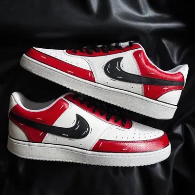 A pair of Nike Court Visions transformed with a red and black cartoon or "2D" effect, outlining the panels for a hand-drawn look.