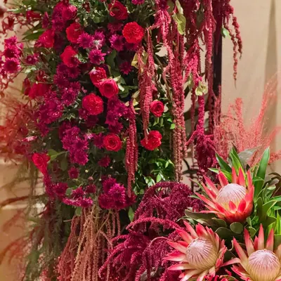 Red is the color of love, energy, and power. This close-up highlights the textures in an all-red arrangement, featuring cascading amaranthus and exotic protea flowers. A pop of red, a touch of elegance.