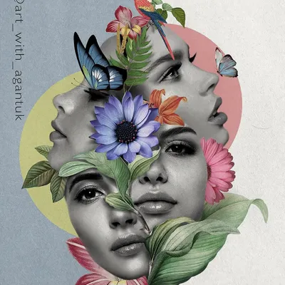 A surrealist digital collage combining multiple female faces with vibrant flowers, a parrot, and butterflies. This style allows me to create unexpected and beautiful compositions that explore the connection between humanity and nature.