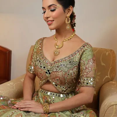 This Mehendi look is designed to be memorable. The eye makeup features playful studs and gold dust, creating a sparkling effect that catches the light beautifully during a day function.