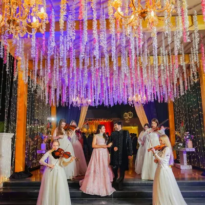 A fairytale entrance for the couple, flanked by violinists under a canopy of hanging flowers. We specialize in capturing these grand, cinematic moments that make your event unforgettable.