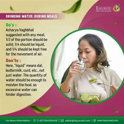How you drink water during meals significantly impacts digestion. As Acharya Vagbhat suggested, your stomach should be half solid food, a quarter liquid, and a quarter empty. Excessive water can dilute digestive juices and hinder the process.