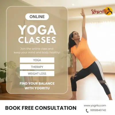 This graphic invites you to find your balance with my online yoga classes. I offer specialized programs in general yoga, therapeutic yoga for pain relief, and weight loss. Book your free consultation to get started.
