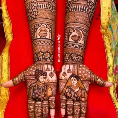 A perfect example of royal bridal portrait mehndi. The groom and bride are detailed on each palm, surrounded by peacock and palace-inspired architecture, giving a majestic feel to your bridal henna.