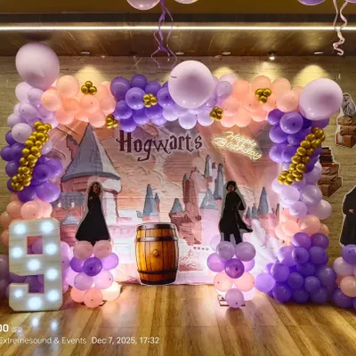 A complete Harry Potter theme for a 9th birthday. The stage features a Hogwarts backdrop, character cutouts of Harry, Hagrid, and Dumbledore, a light-up number '9', and a balloon arch in house colors.