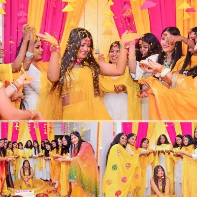 A collage from a lively Haldi ceremony, showing the bride dancing and celebrating with her friends and family. We capture both the wide shots and the intimate group moments.
