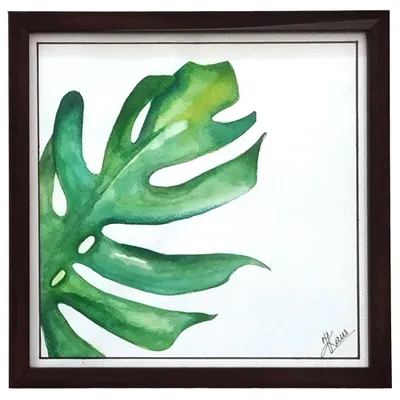 A close-up study of a Monstera leaf in watercolor. I focused on the subtle shifts in green and yellow tones and the iconic splits in the leaf, capturing the simple, organic beauty of this popular plant.