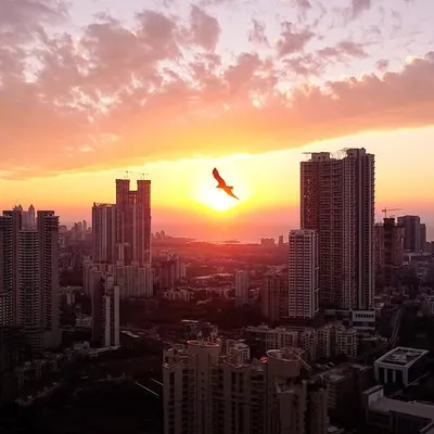 A bird flies directly into the setting sun, creating a powerful silhouette against the warm, hazy sky over Mumbai.