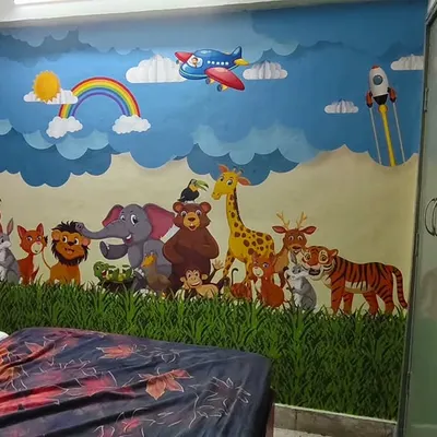 This full-wall mural creates a happy and colorful world for a child's bedroom, featuring a gathering of friendly cartoon animals, a rainbow, and airplanes in the sky.