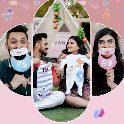A fun and creative maternity announcement collage. The parents-to-be use cute props like "Dad to be" and "Mom to be" signs while showing off baby clothes in our outdoor tent setup.