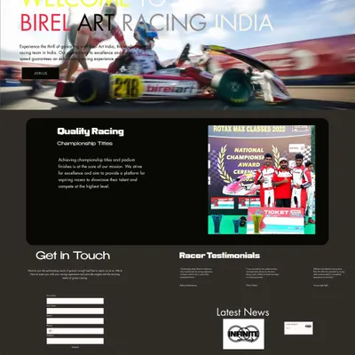 The homepage of our official website, Birel ART Racing India, showcasing our brand identity and key achievements like the National Championship Award Ceremony.