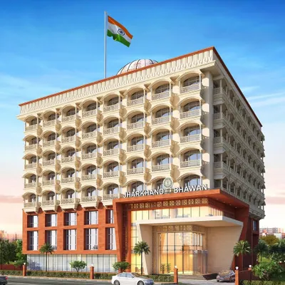 Our design for Jharkhand Bhawan in Vashi, Navi Mumbai. This institutional building fuses traditional Indian architectural elements like arches and jalis with a clean, modern profile, creating a symbol of pride and hospitality for the state.
