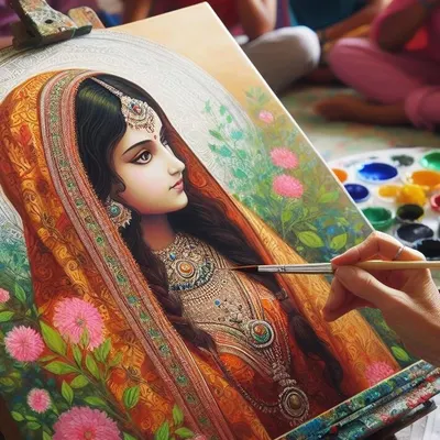 A student meticulously works on a traditional Indian portrait in oil, capturing the intricate details of jewelry and fabric.
