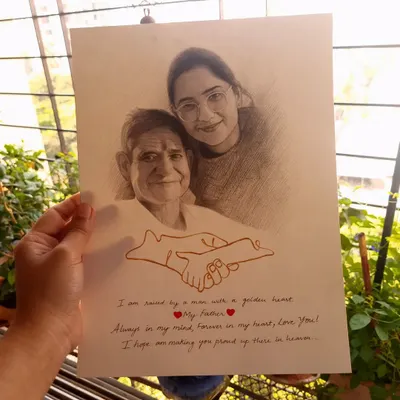 This emotional drawing was for a client remembering her father. We combined a pencil sketch with a gold-painted line art of holding hands and a personal message to create a unique and heartfelt memorial piece.