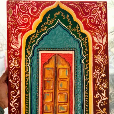 The final Jharokha painting, full of vibrant reds, greens, and yellows. The intricate details and traditional patterns make this a stunning piece of decor that celebrates Indian architectural beauty.