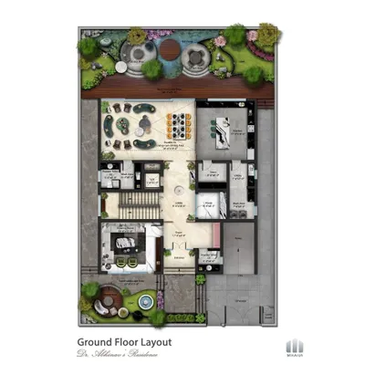 The ground floor layout for the 'Meraki' residence, detailing the open-plan living and dining areas, clinic space, and seamless connection to the outdoor gardens. The plan prioritizes flow, light, and functionality.