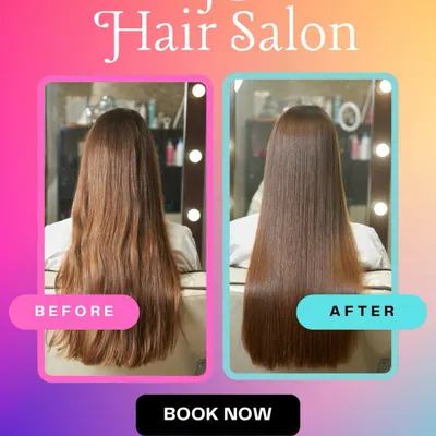 The proof is in the picture. This is a classic example of our smoothing treatment, taking hair from frizzy and dry to sleek, healthy, and full of shine.